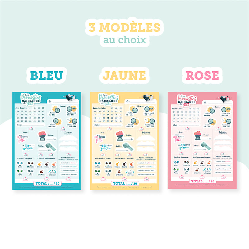 Pronostics naissance bébé - jeu baby shower - modèles couleurs